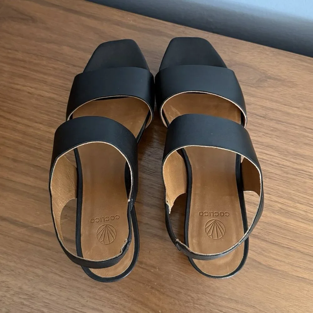 Coclico Massy Black Leather Wedge Sandals Cork Wedge Slingback Size 37.5 - Picture 9 of 10